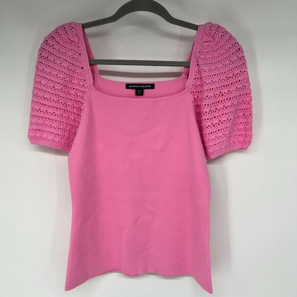 NWT Boston Proper Top Women S Pink Knit Crochet Puff Short Sleeve Square Neck - Picture 1 of 8